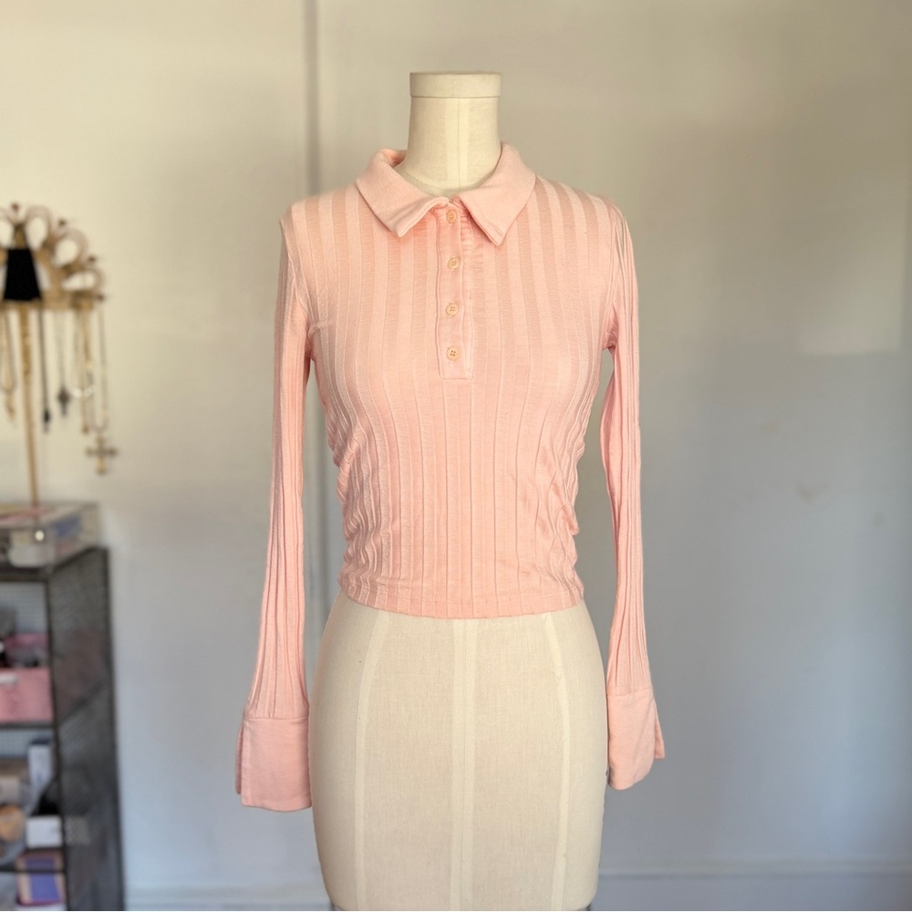 Jonathan Simkhai Pink Ribbed Long-Sleeve Polo Top